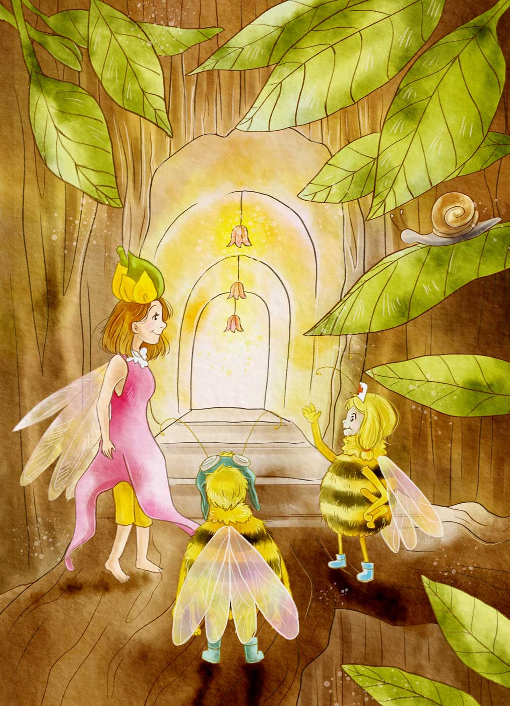 Bienen Wald magische Fee Kinderbuchillustration illustrieren