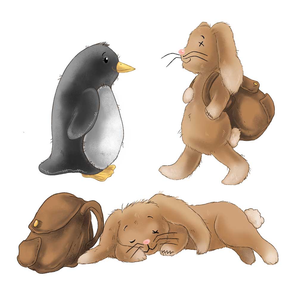 Kinderbuchillustration Stofftier hasse pinguïn niedlich