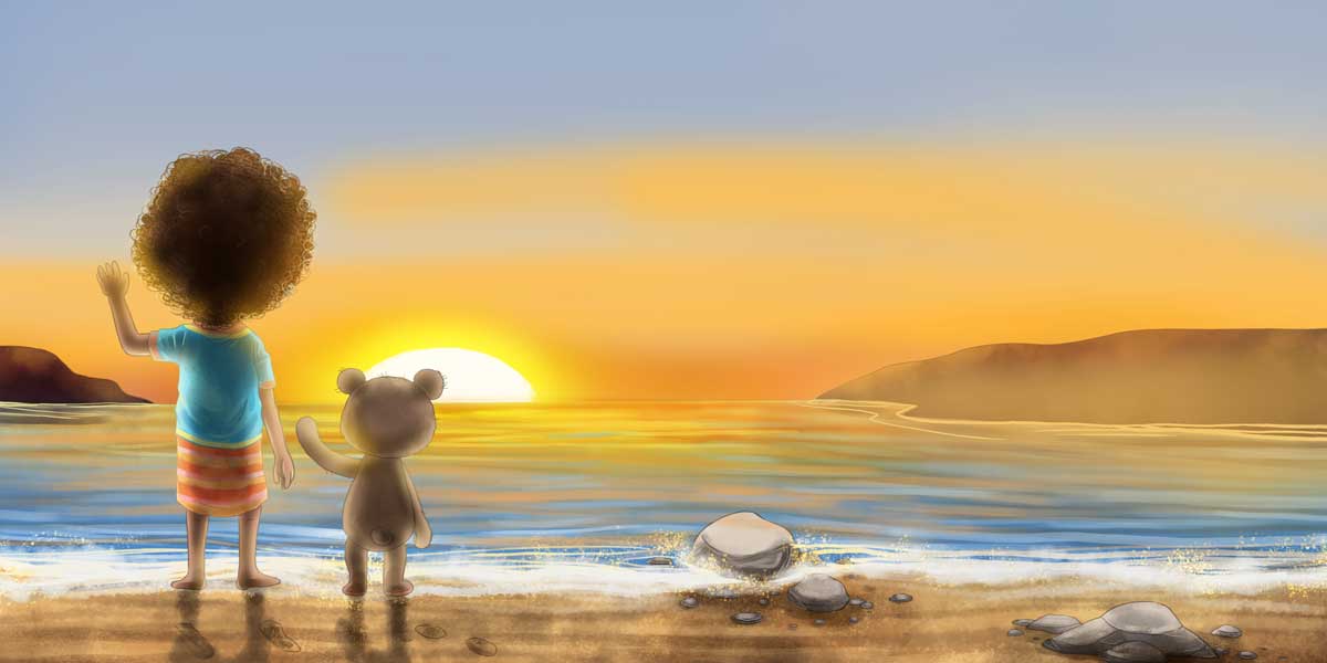 Sonnenuntergang am Meer, Teddy, Illustration, Maedchen