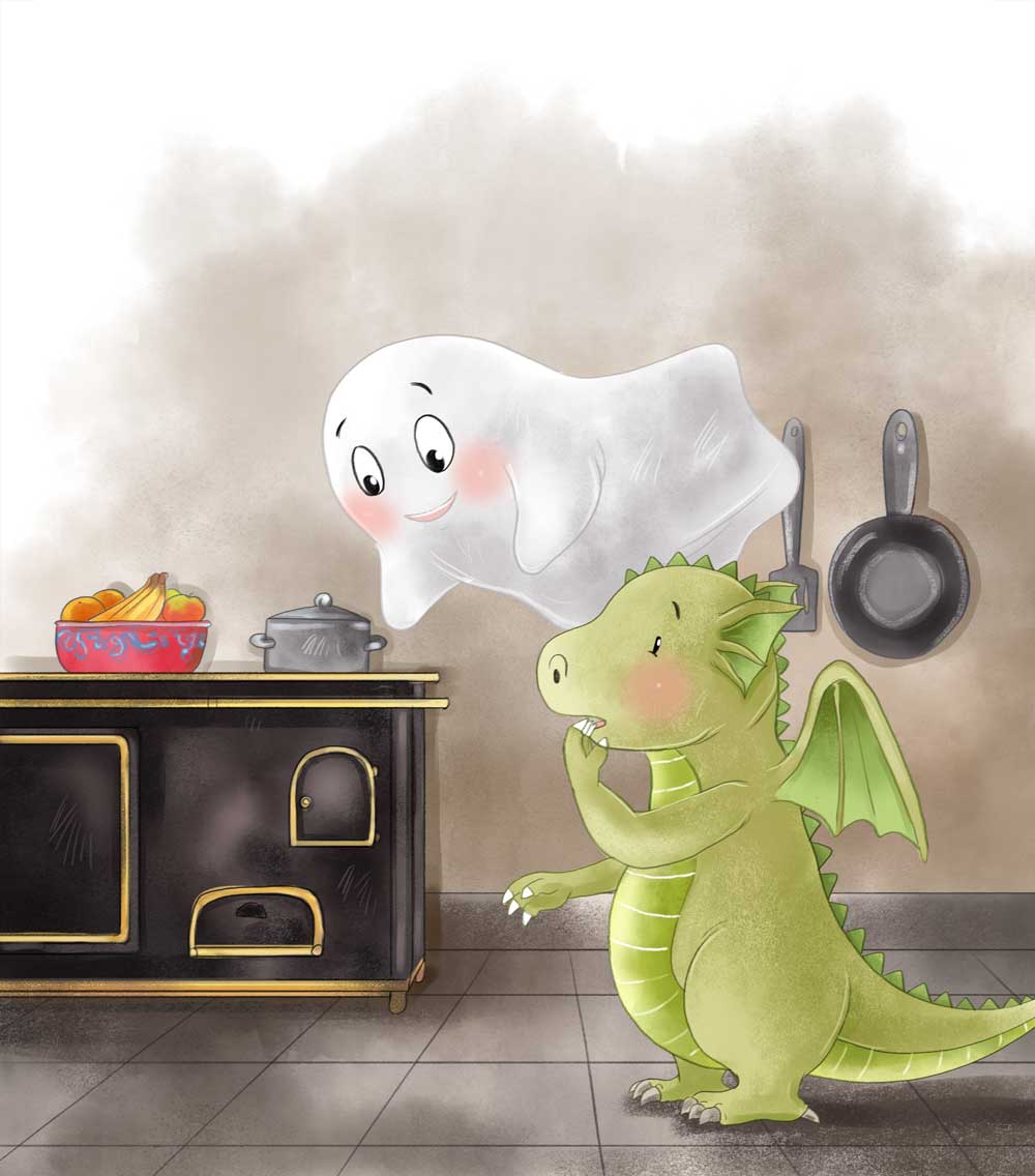 Drache und Geist, Lustig, Illustration, Kinderbuch, illustren, Illustratorin, Küche, Kochen
