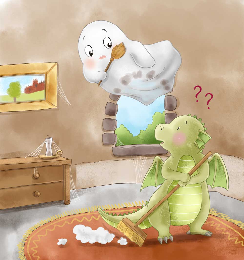 Drache und Geist, Lustig, Illustration, Kinderbuch, illustren, Illustratorin, Aufräumen